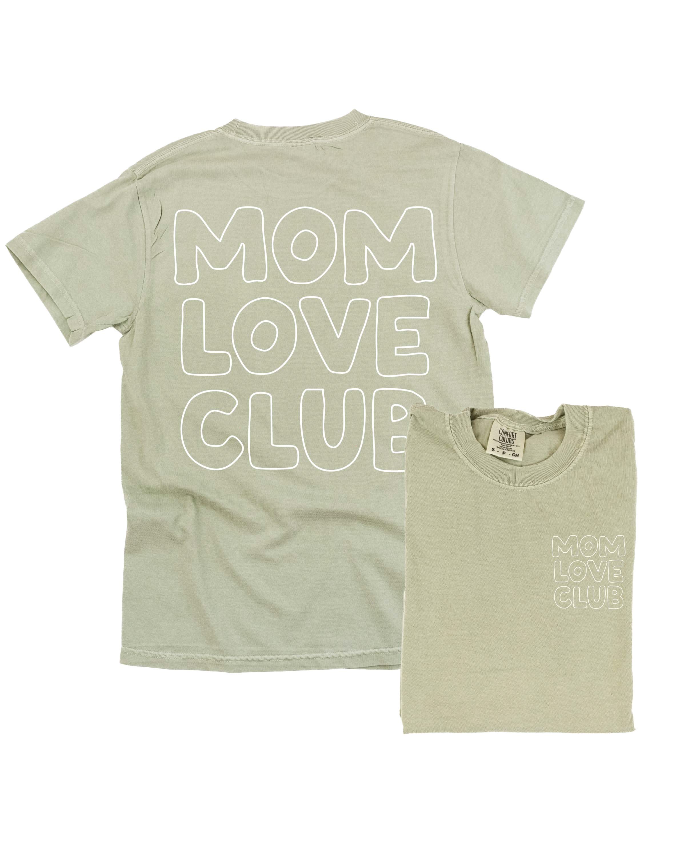 Adult  tee in sandstone with "Mom Love Club" bubble letter text design on front left chest and back, shown on flat lay – Little Mama Shirt Shop