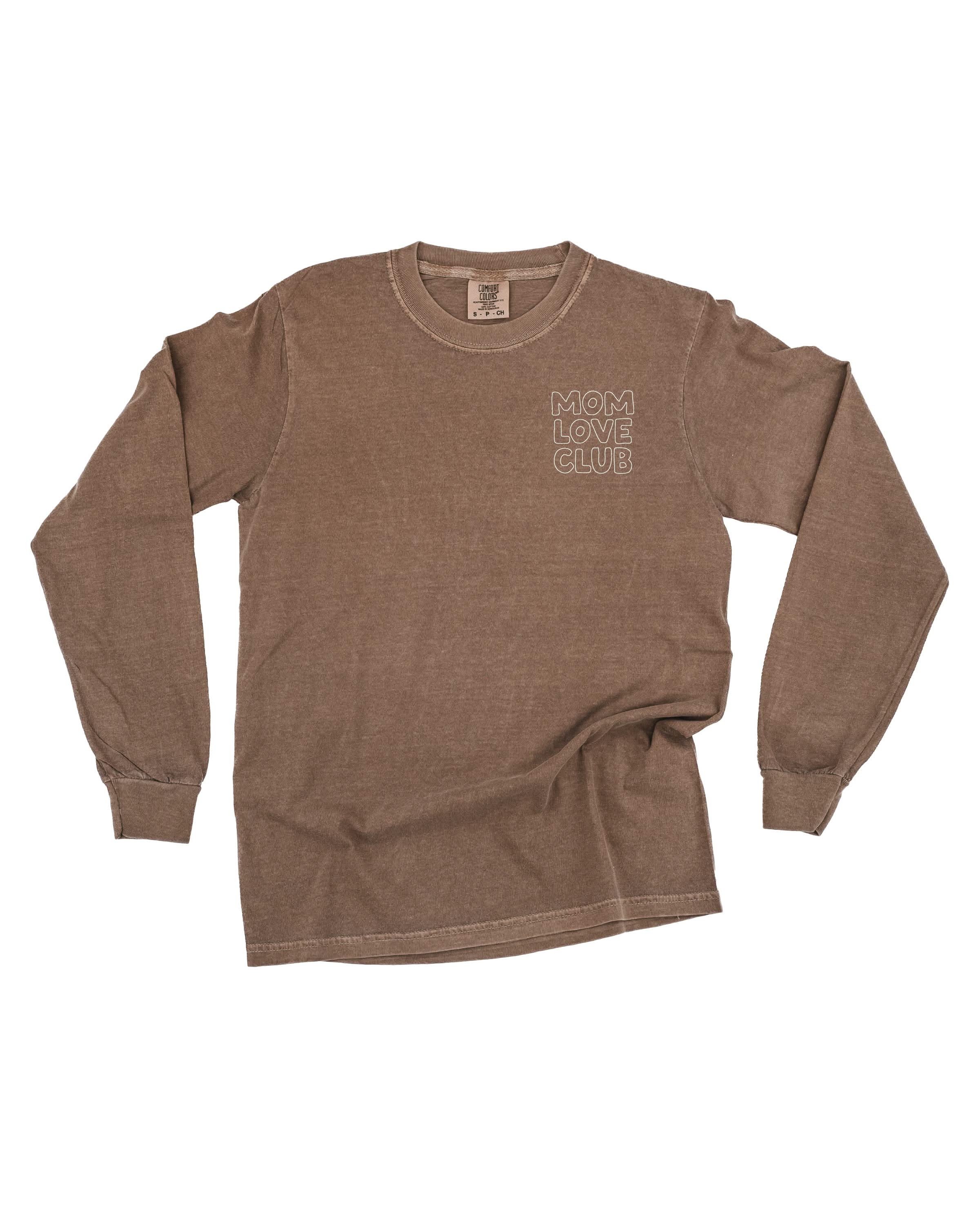 Adult long sleeve tee in espresso with "Mom Love Club" bubble letter text design on front left chest, shown on flat lay – Little Mama Shirt Shop