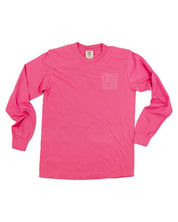 Adult long sleeve tee in crunchberry with "Mom Love Club" bubble letter text design on front left chest, shown on flat lay – Little Mama Shirt Shop