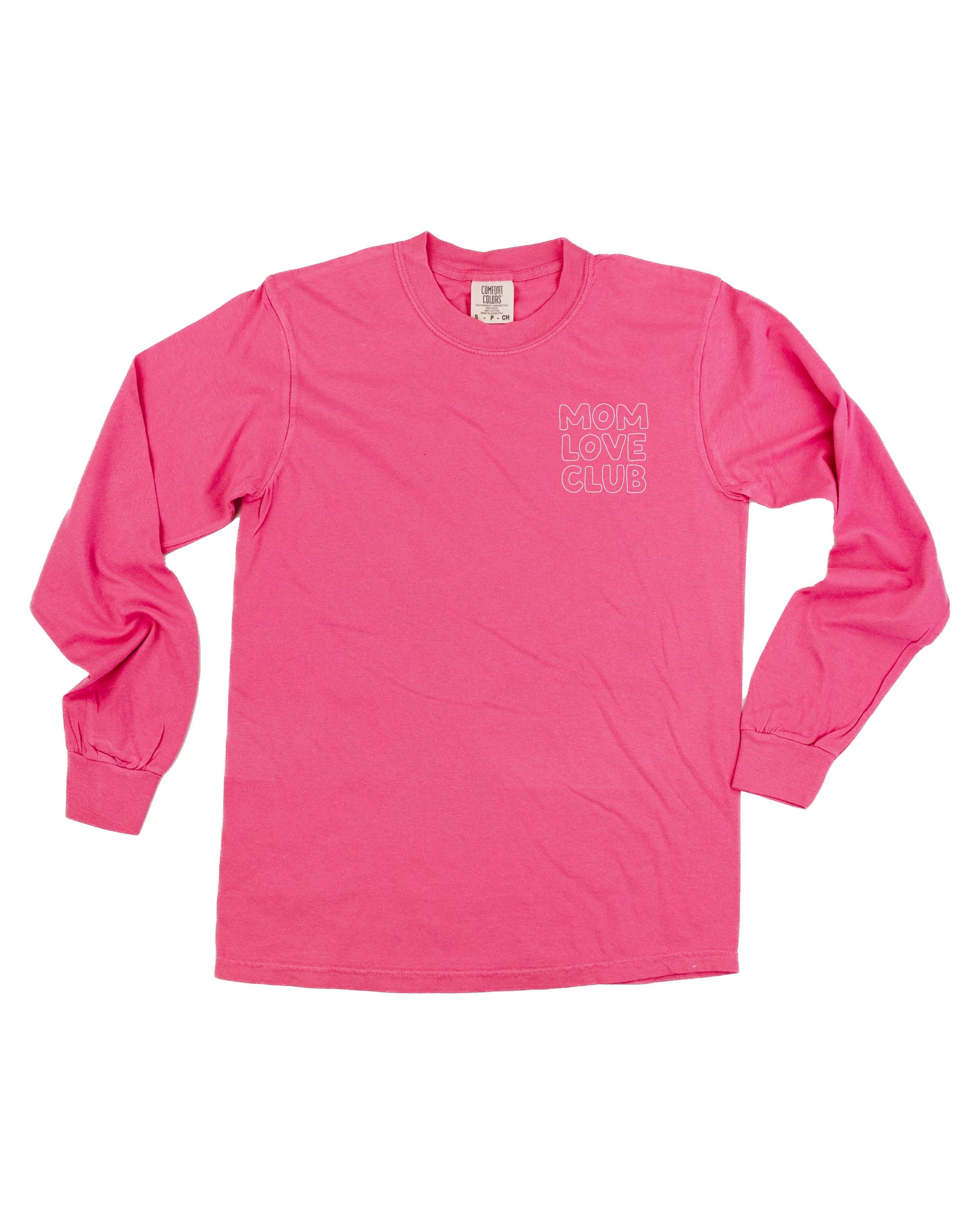Adult long sleeve tee in crunchberry with "Mom Love Club" bubble letter text design on front left chest, shown on flat lay – Little Mama Shirt Shop