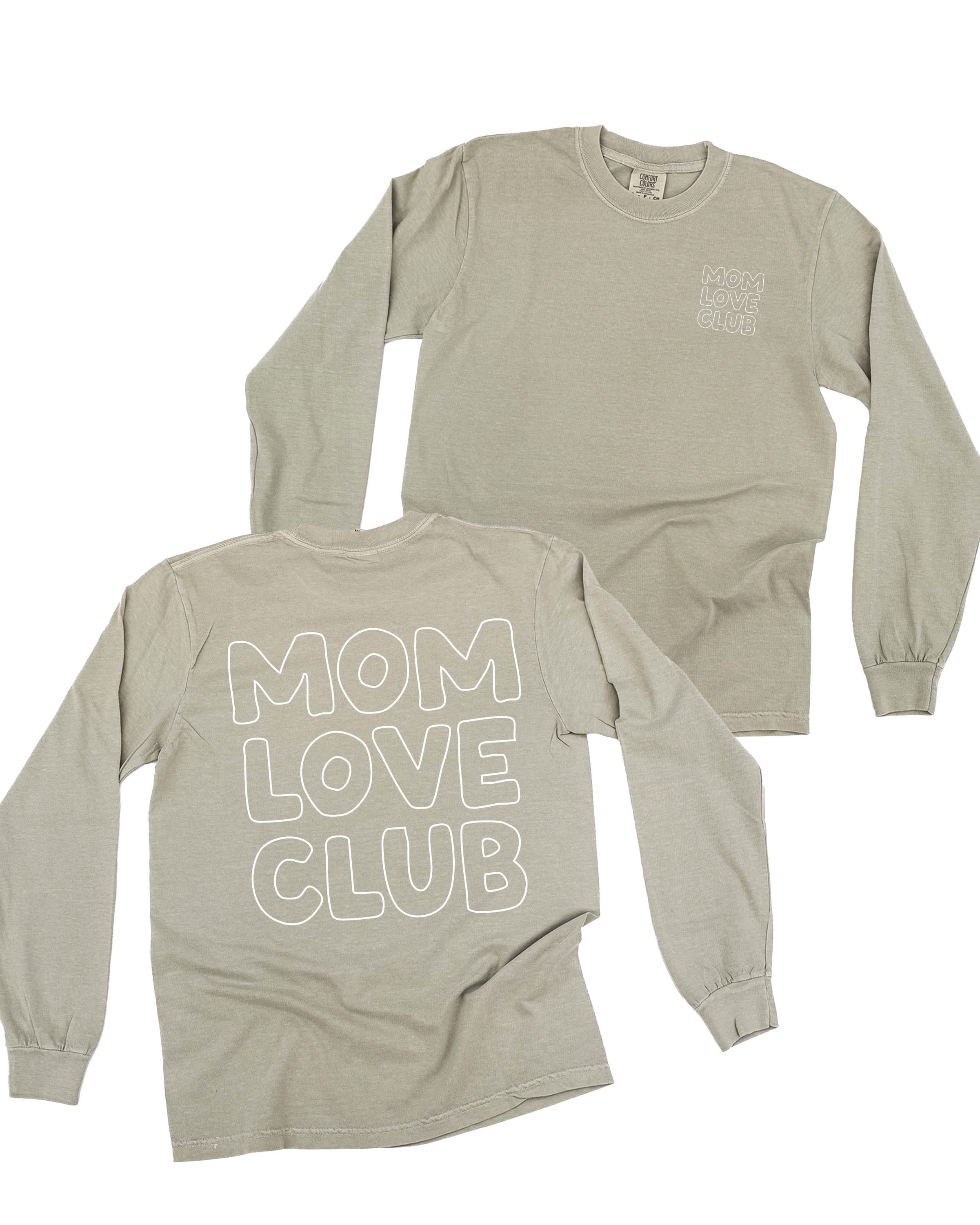 Adult long sleeve tee in sandstone with "Mom Love Club" bubble letter text design on front left chest and back, shown on flat lay – Little Mama Shirt Shop