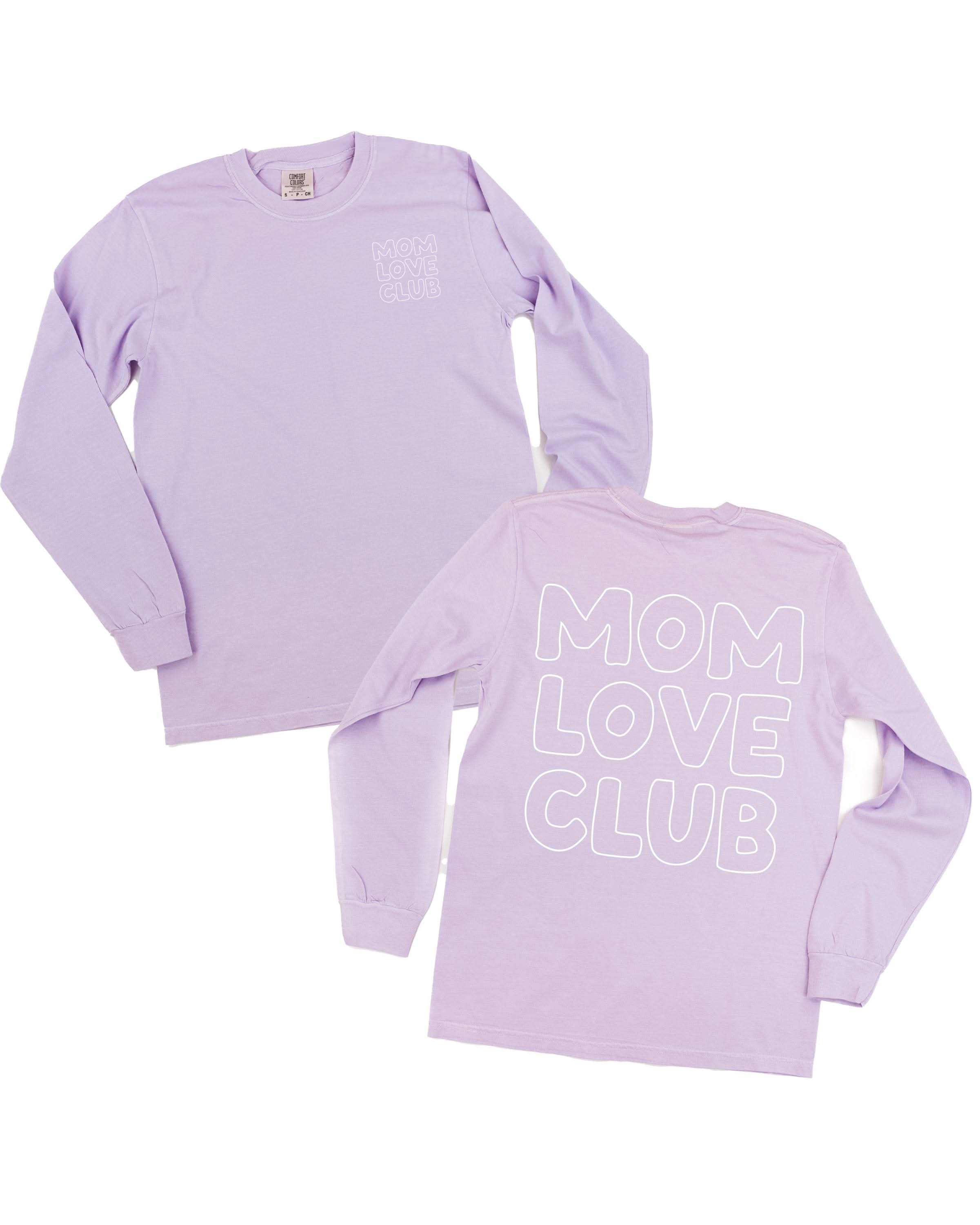 Adult long sleeve tee in orchid with "Mom Love Club" bubble letter text design on front left chest and back, shown on flat lay – Little Mama Shirt Shop