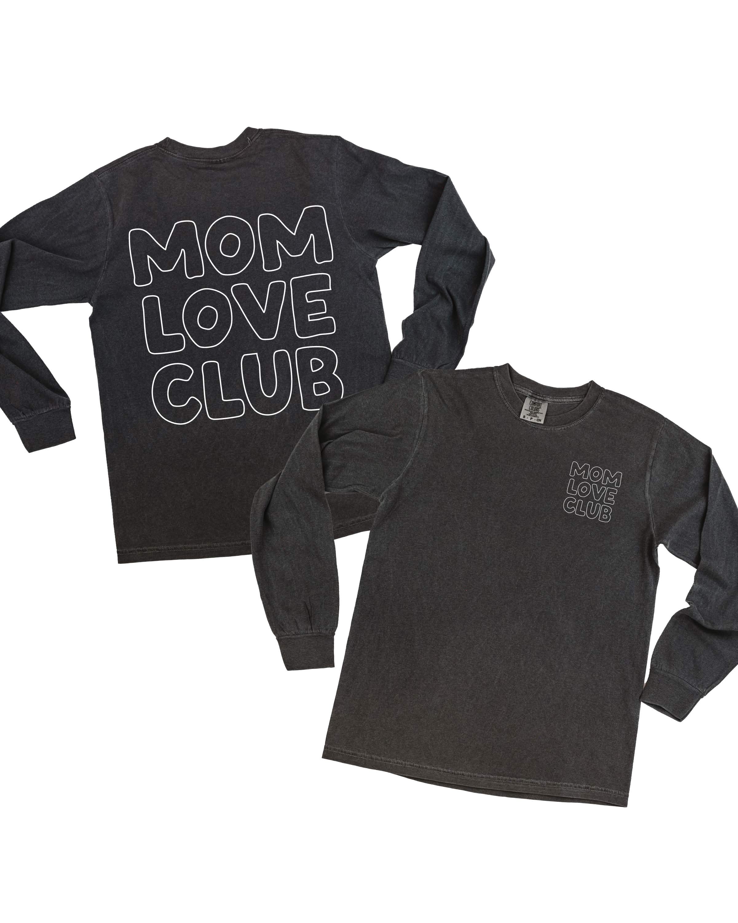 Adult long sleeve tee in pepper with "Mom Love Club" bubble letter text design on front left chest and back, shown on flat lay – Little Mama Shirt Shop