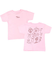 Child tee in ballerina pink with "More Amore" print on front and Valentines collage design on back, shown on flat lay – Little Mama Shirt Shop