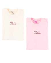Adult tee in ivory and blossom with "More Amore" print on front, shown on flat lay – Little Mama Shirt Shop