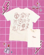 Adult tee in ivory with "More Amore" print on front and Valentines collage design on back, shown on flat lay – Little Mama Shirt Shop