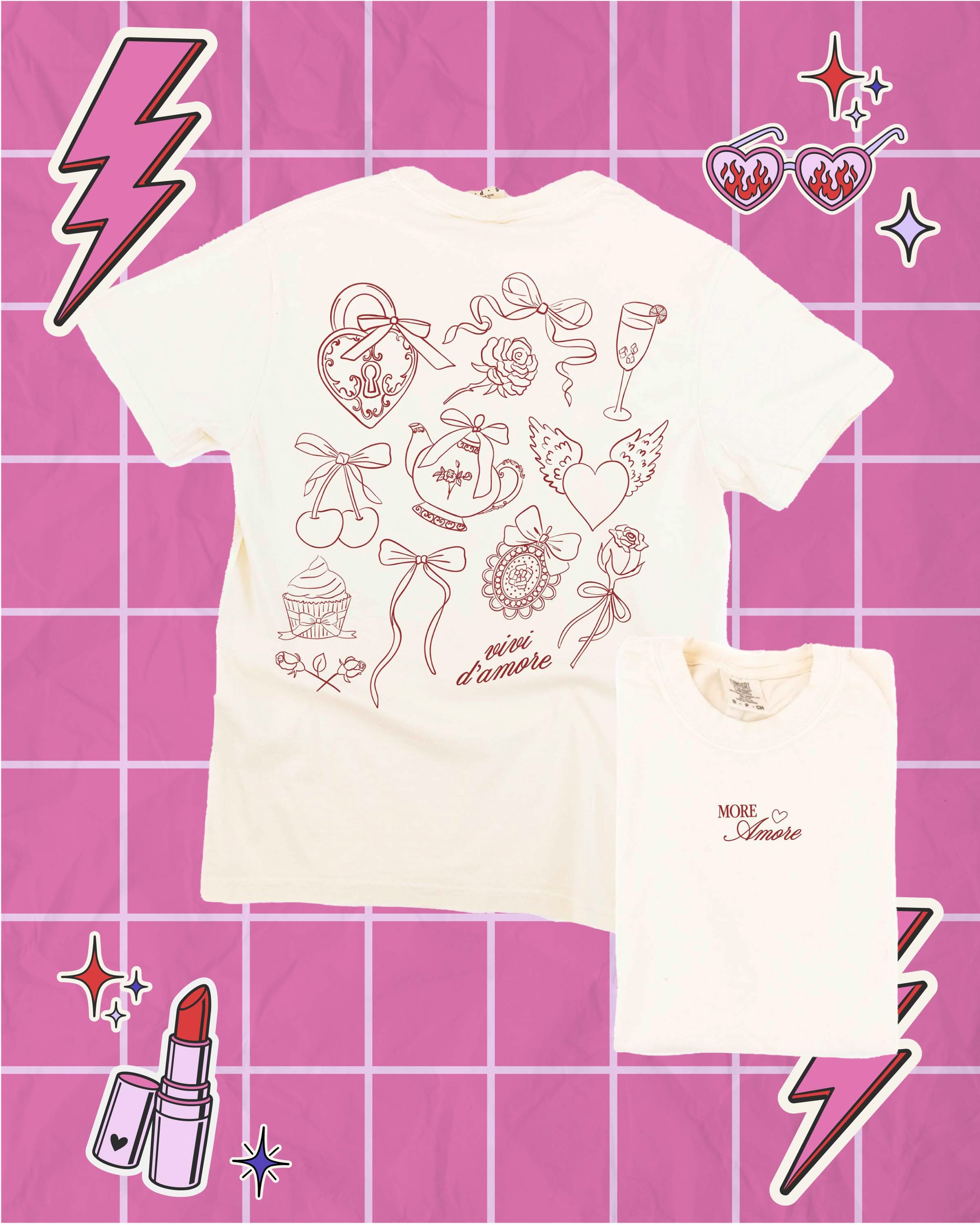 Adult tee in ivory with "More Amore" print on front and Valentines collage design on back, shown on flat lay – Little Mama Shirt Shop