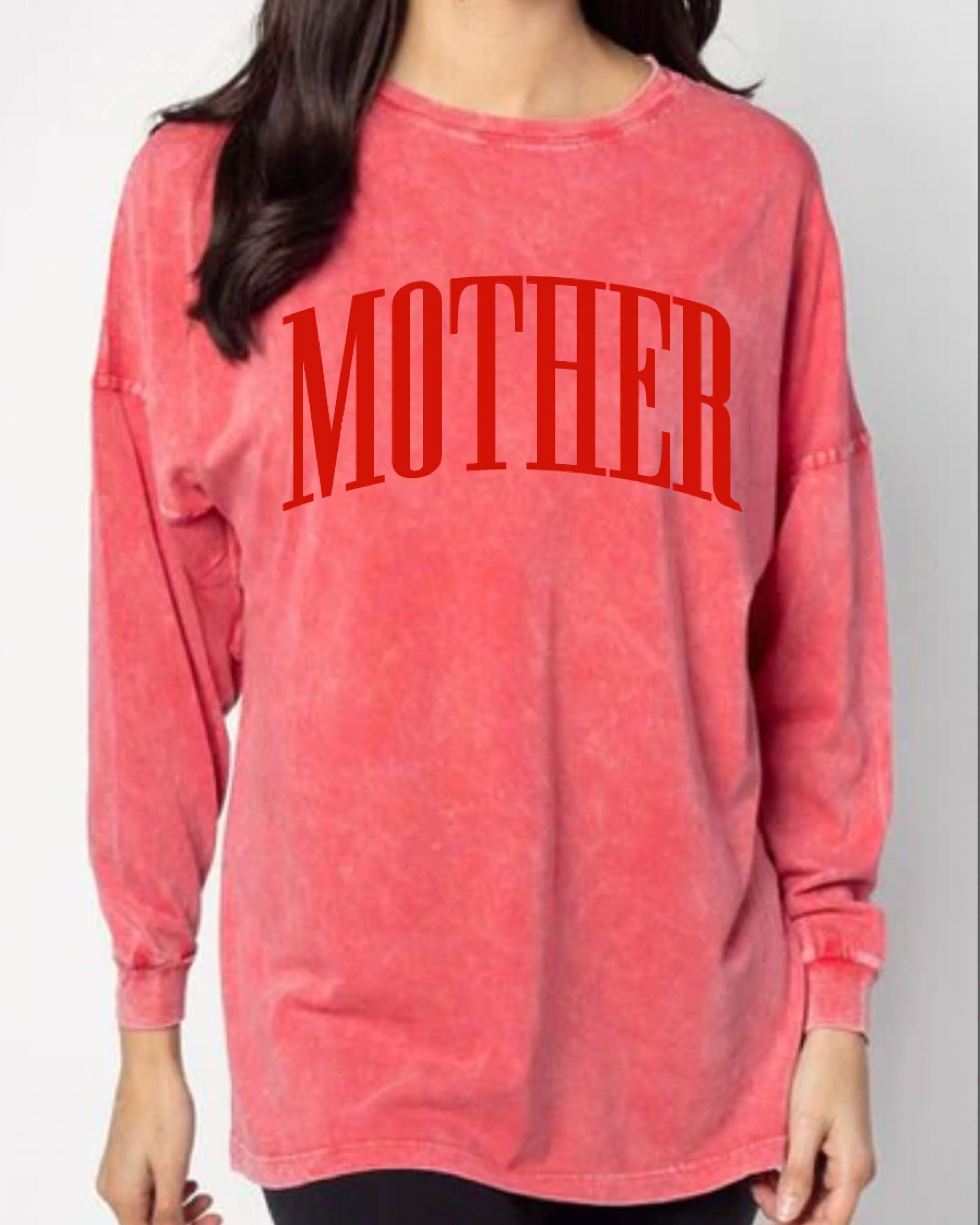 Adult oversize red tee with 'mother' in puff print on the front, shown on mock up – Little Mama Shirt Shop