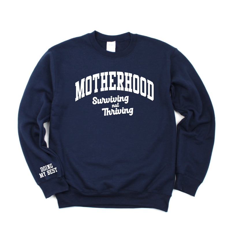 MOTHERHOOD - SURVIVING NOT THRIVING - DOING MY BEST - (Our 2024 Mantra) - Colors - LMSS® EXCLUSIVE - BASIC FLEECE CREWNECK