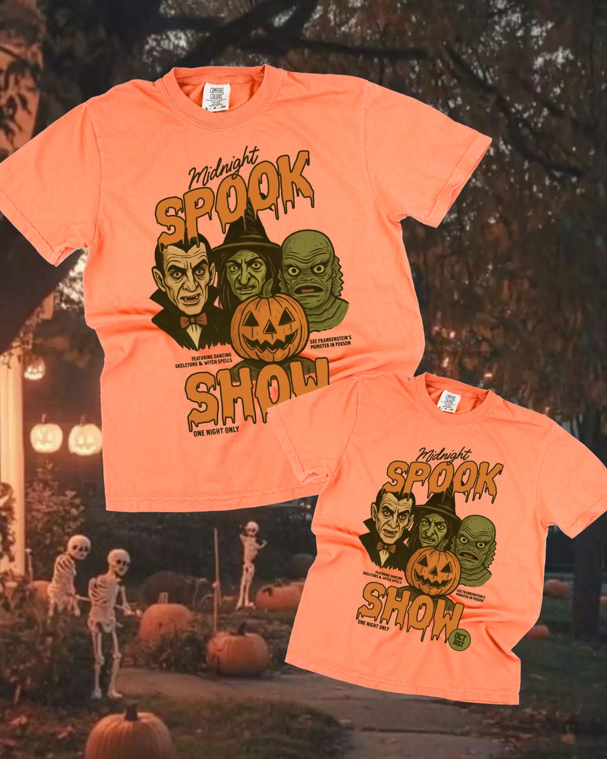 Midnight Spook Show - Set of 2 Matching Terracotta Comfort Colors Tees Little Mama Shirt Shop