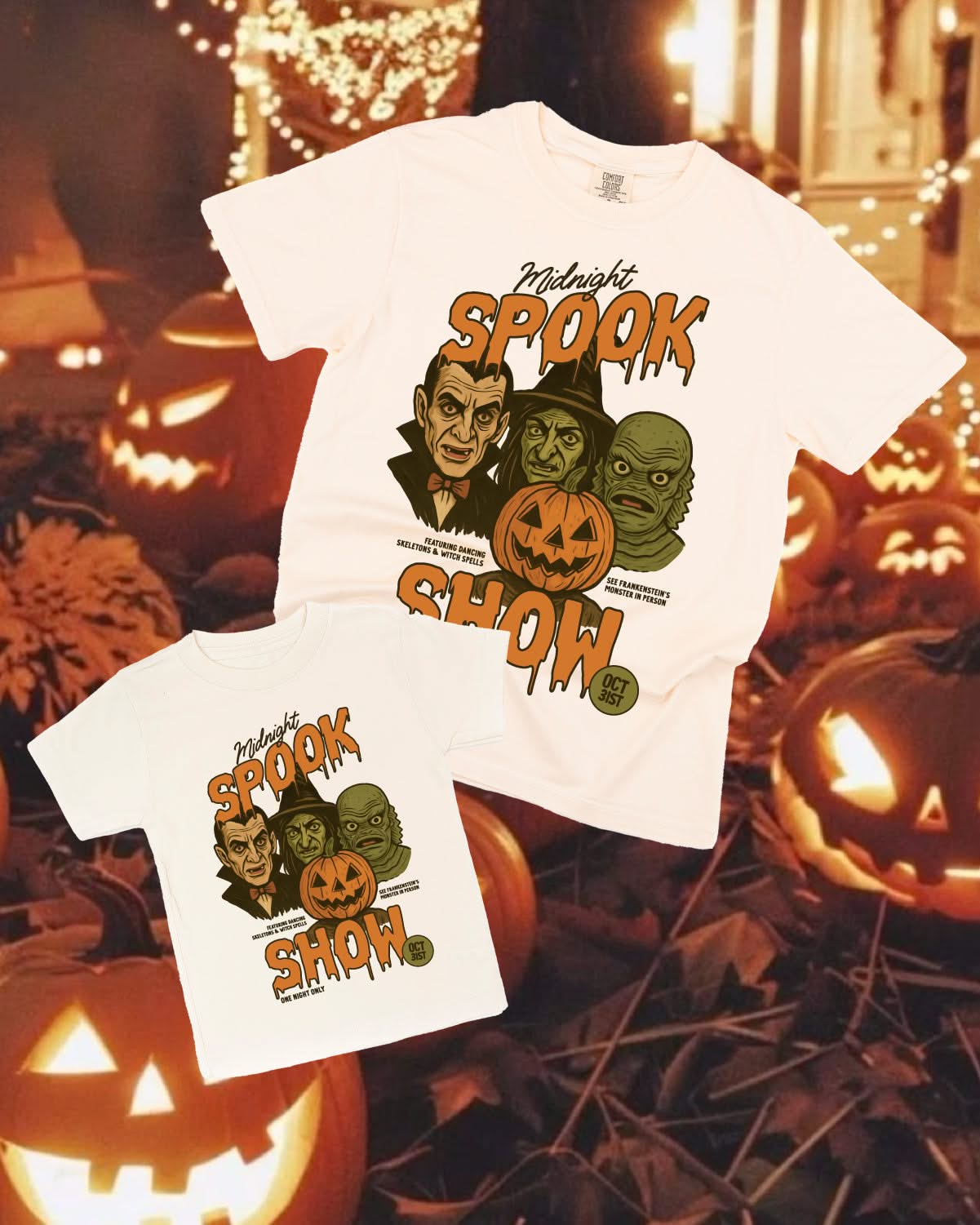 Midnight Spook Show - Set of 2 Ivory/Natural Coordinating Tees Little Mama Shirt Shop