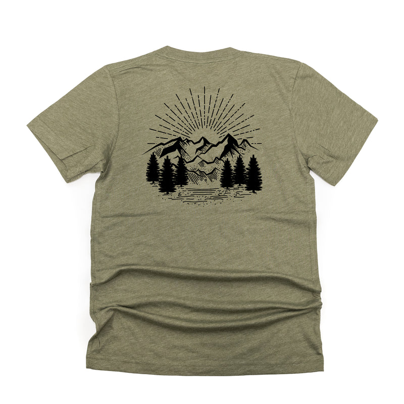 Dad w/ Mountains - Pocket Design (front) / Mountain Scene (Back) - Unisex Tee