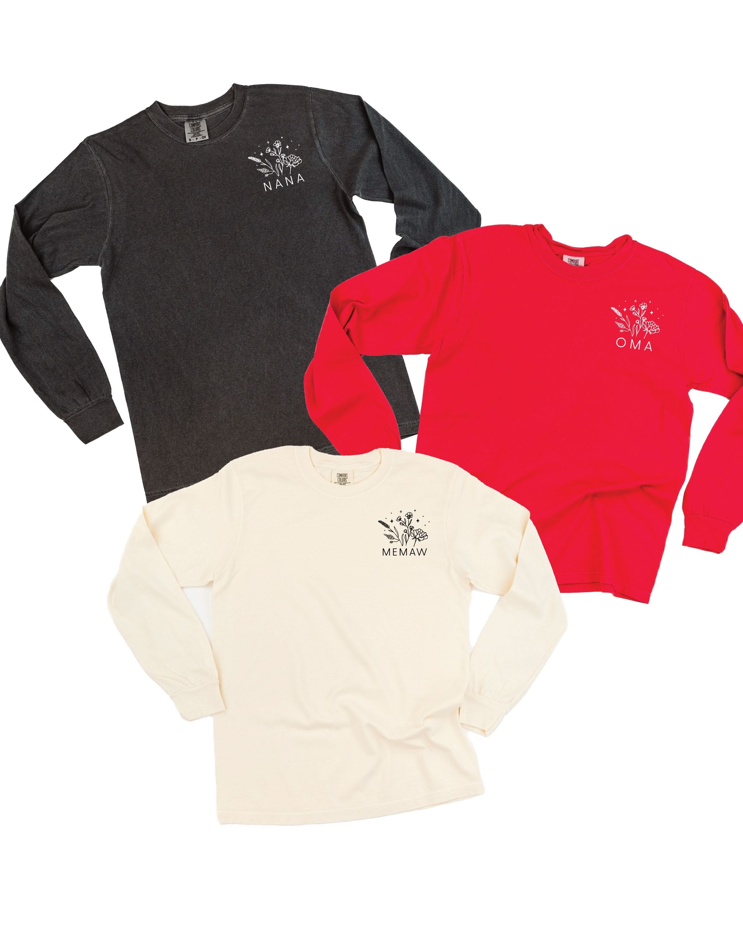 "_____" - Bouquet (pocket) - (Choose Your Name) - Long Sleeve Comfort Colors Tee Little Mama Shirt Shop
