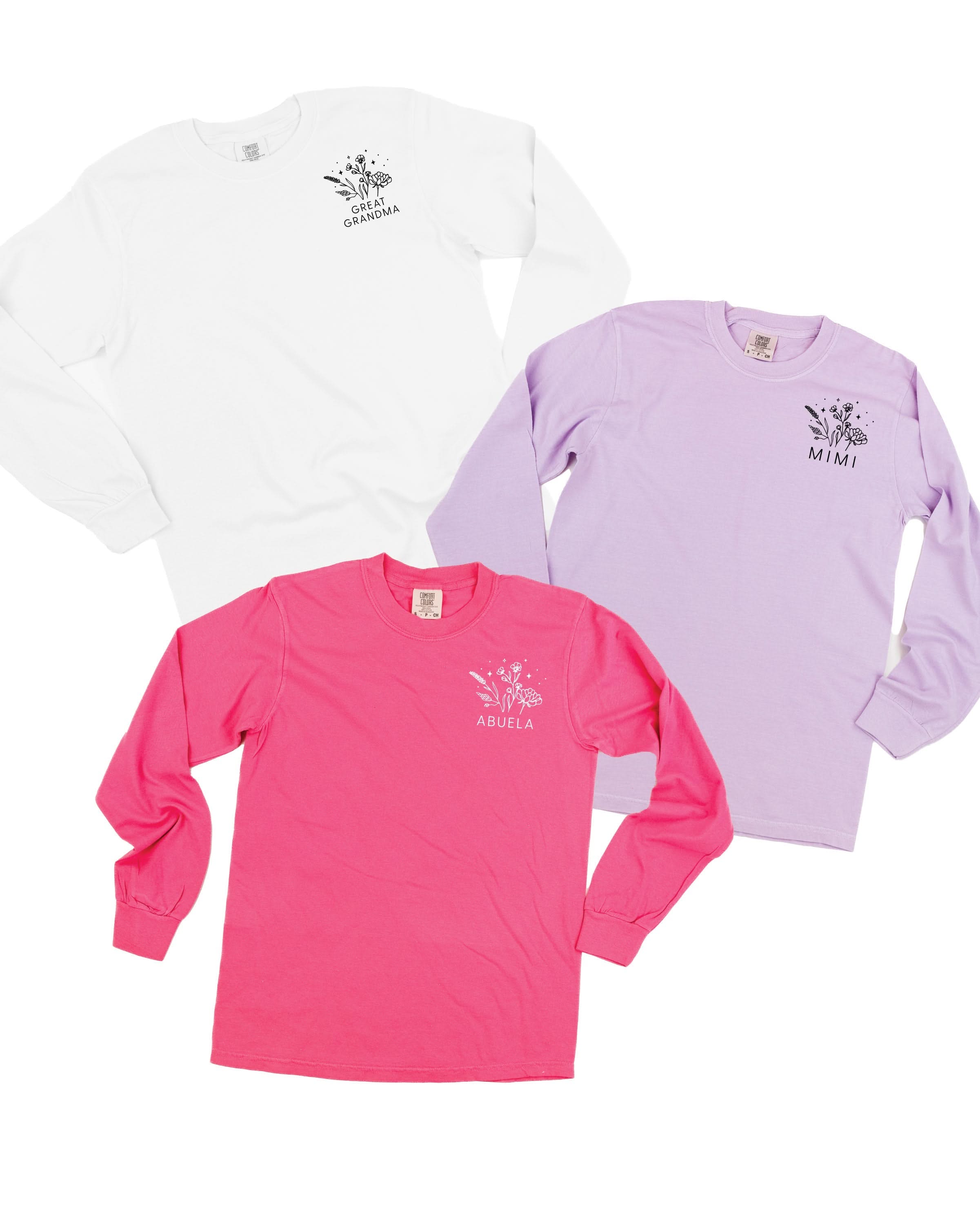 "_____" - Bouquet (pocket) - (Choose Your Name) - Long Sleeve Comfort Colors Tee Little Mama Shirt Shop