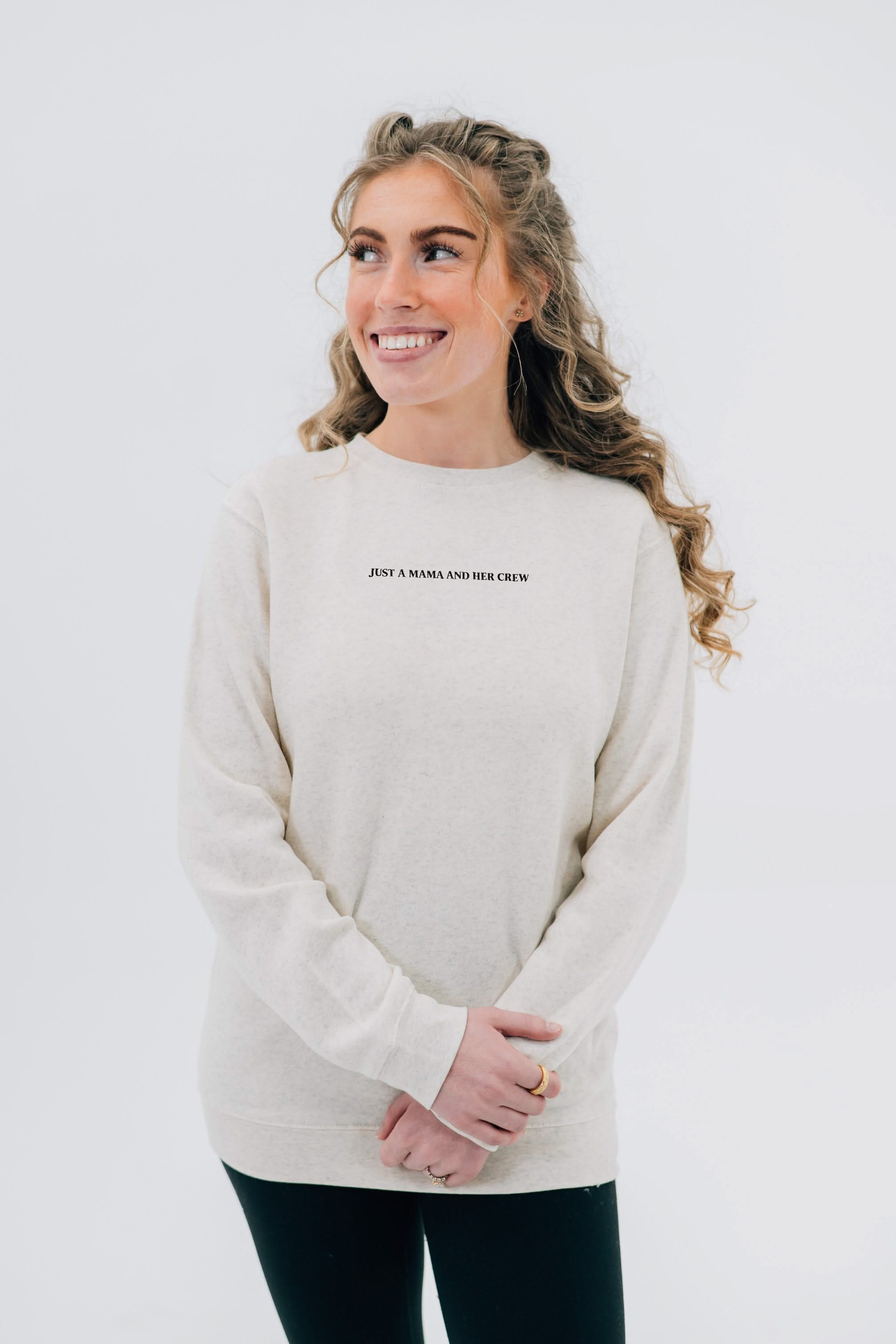 Adult sweater in natural with "Just a Mama and Her ___" design on the front, seen on model - Little Mama Shirt Shop