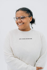 Adult sweater in natural with "Just a Mama and Her ___" design on the front, seen on model - Little Mama Shirt Shop
