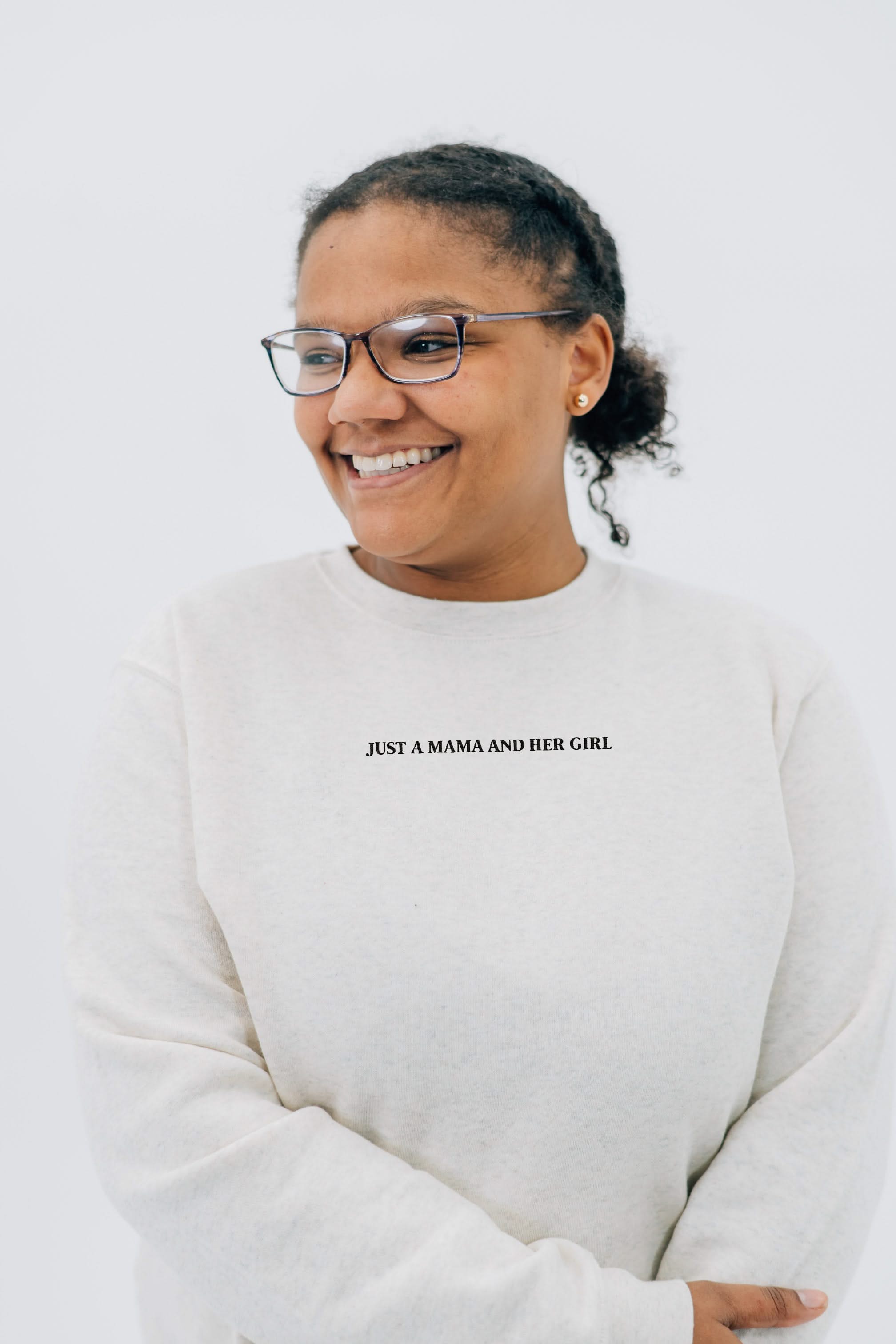 Adult sweater in natural with "Just a Mama and Her ___" design on the front, seen on model - Little Mama Shirt Shop