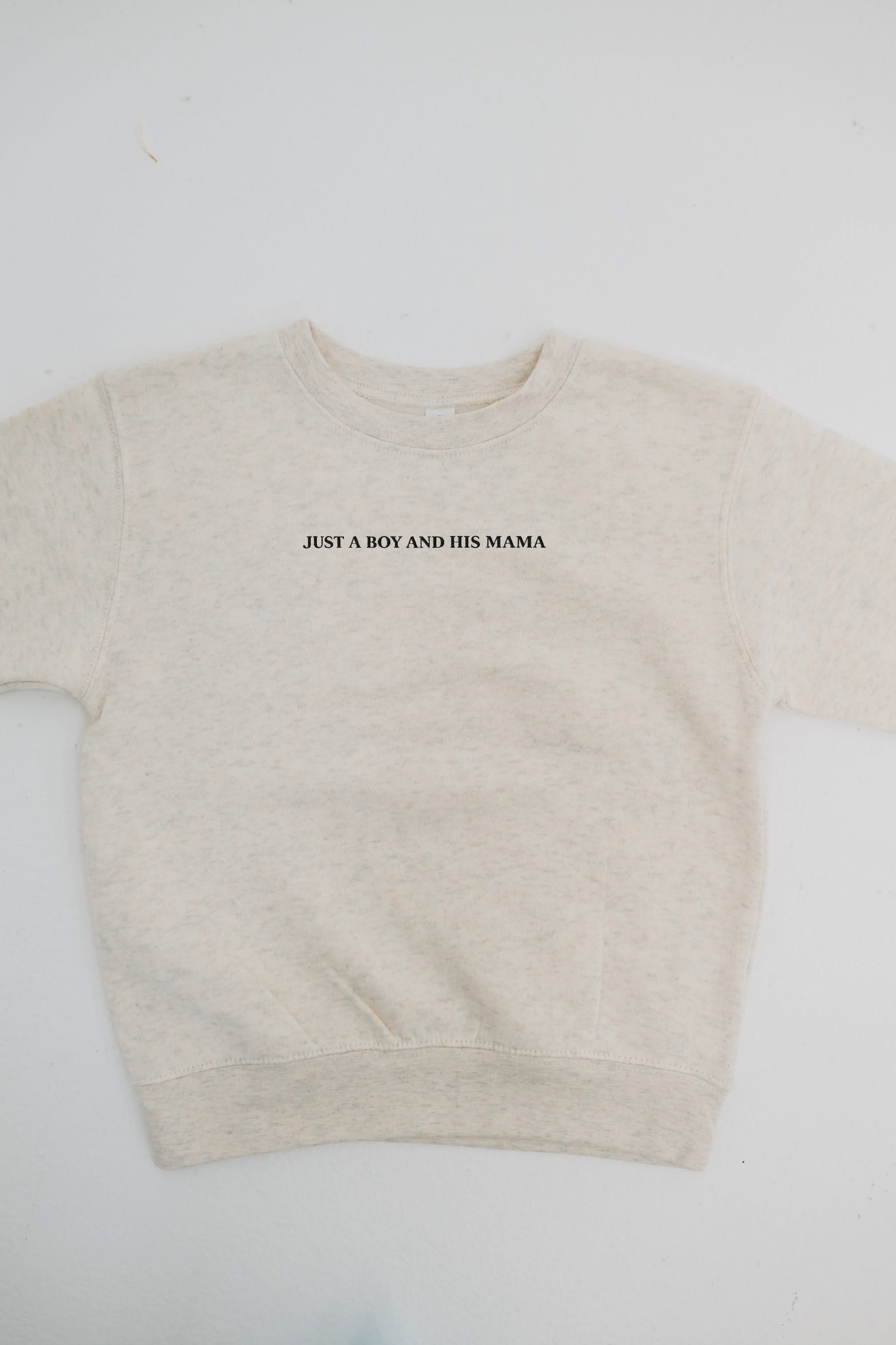 Child sweater in natural with "Just a Boy/Girl and His/Her Mama" design on front, shown on flat lay - Little Mama Shirt Shop