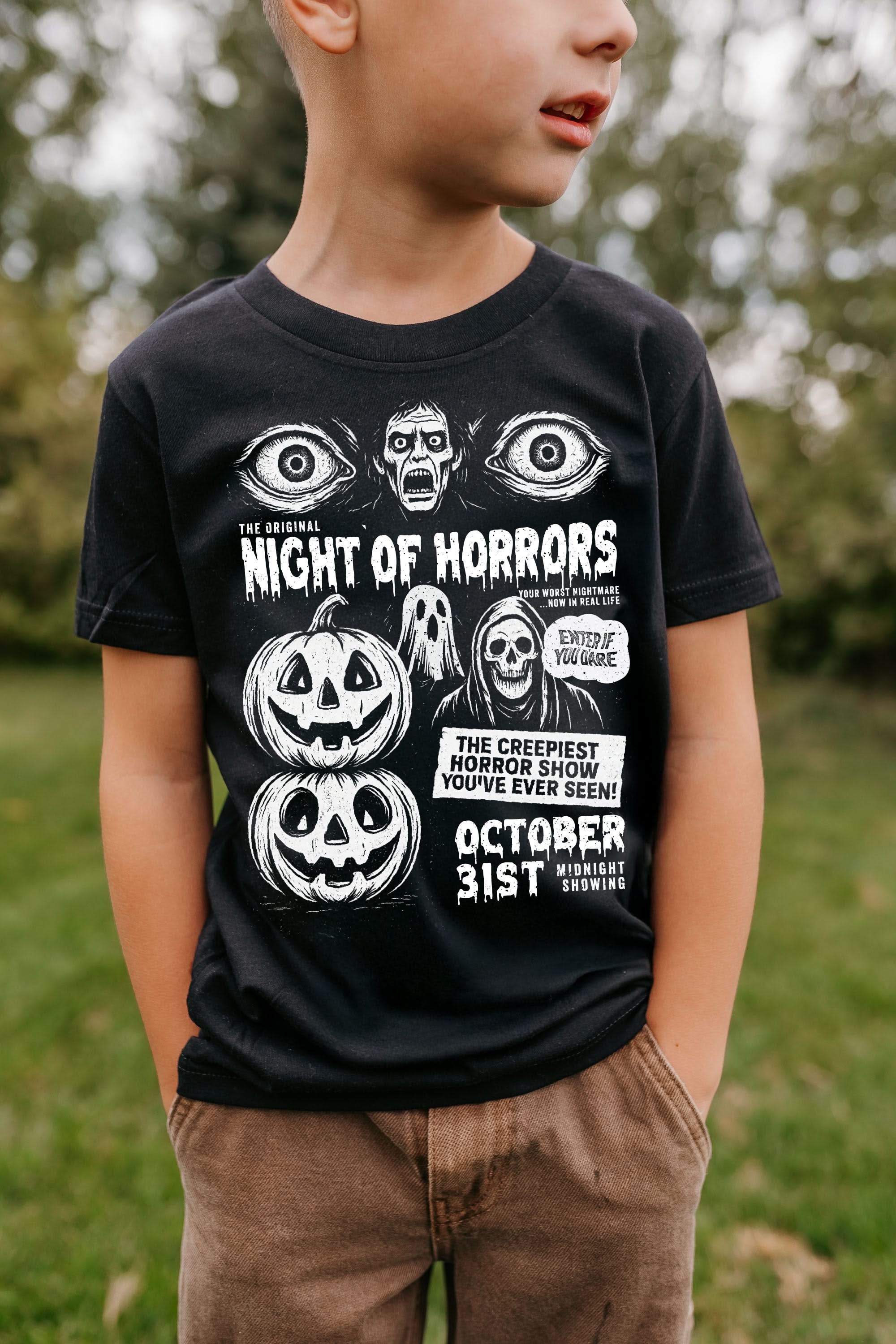 Night of Horrors - Midnight Showing - Black Child Tee Little Mama Shirt Shop