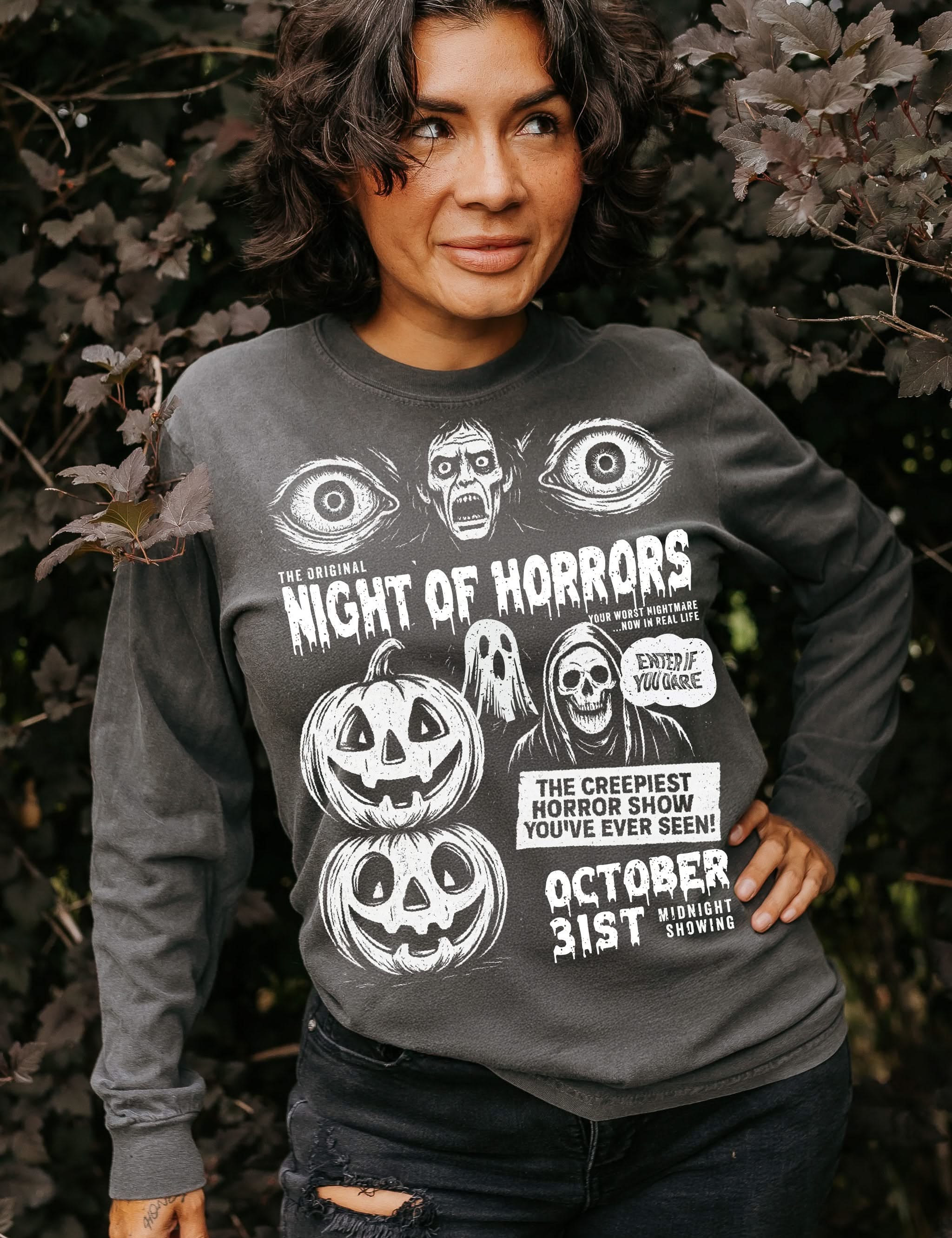 Night of Horrors - Midnight Showing - Long Sleeve Comfort Colors Tee Little Mama Shirt Shop