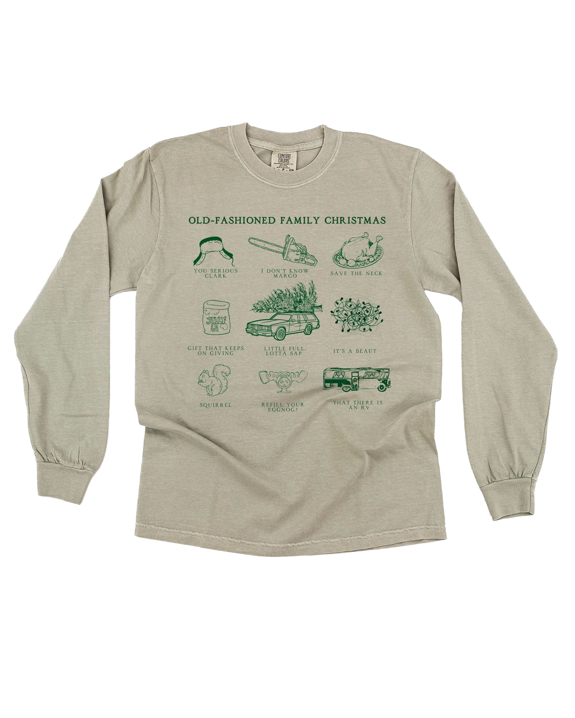 Adult long sleeve comfort colors tee in sandstone with old fashioned family christmas graphic on the front, shown on flat lay – Little Mama Shirt Shop