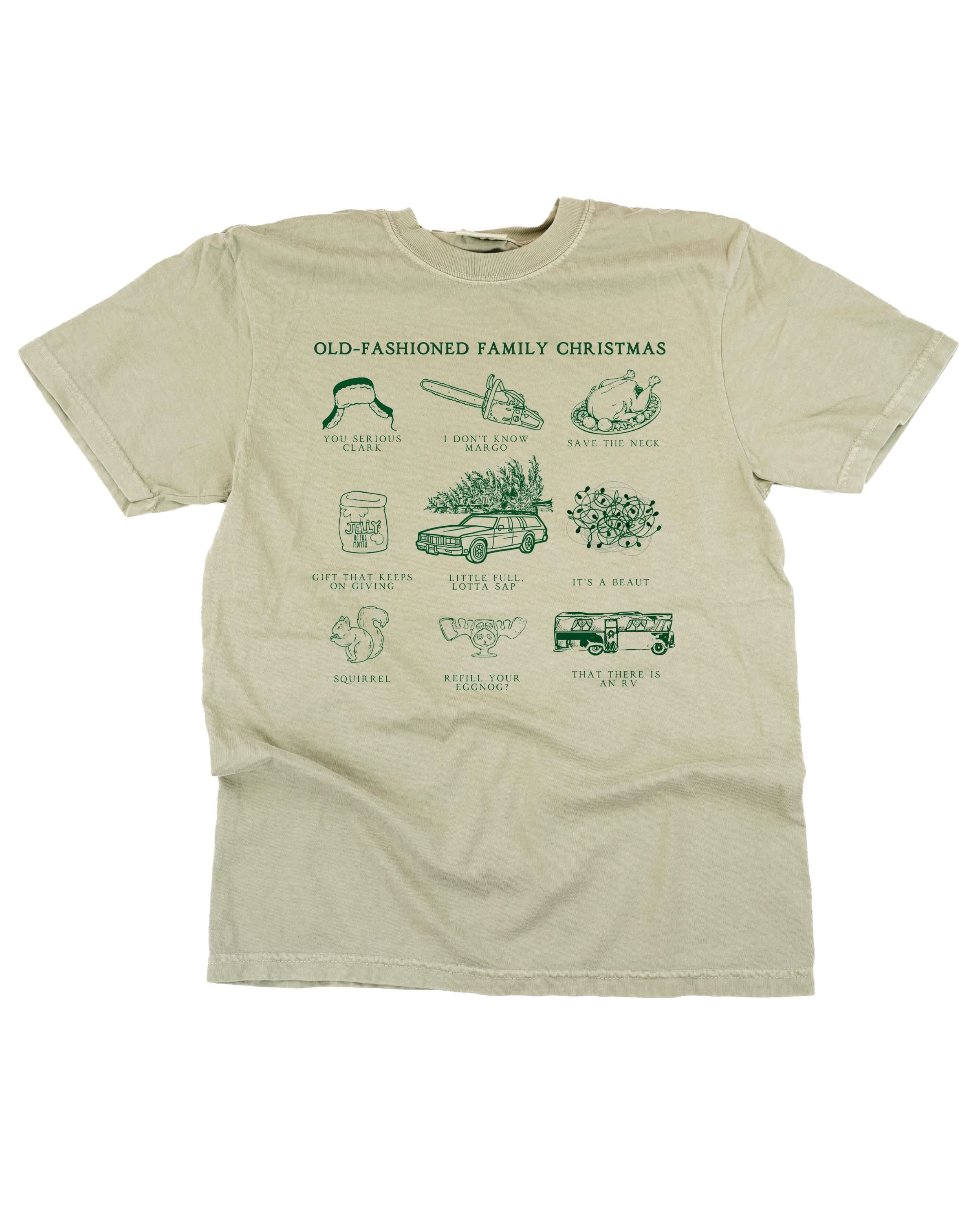 Adult comfort colors tee in sandstone with old fashioned family christmas graphic on the front, shown on flat lay – Little Mama Shirt Shop