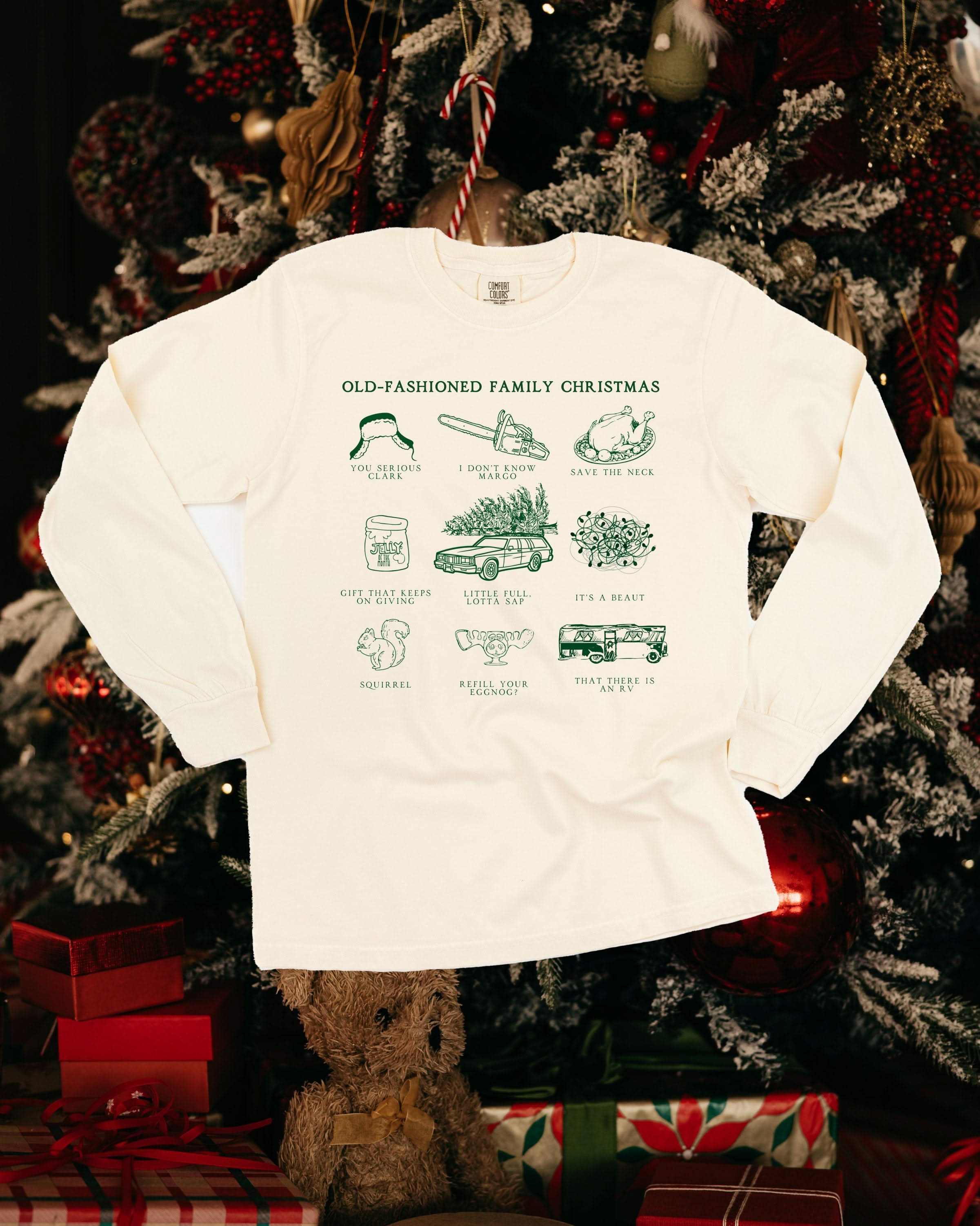 Adult long sleeve comfort colors tee in ivory with old fashioned family christmas graphic on the front, shown on flat lay – Little Mama Shirt Shop