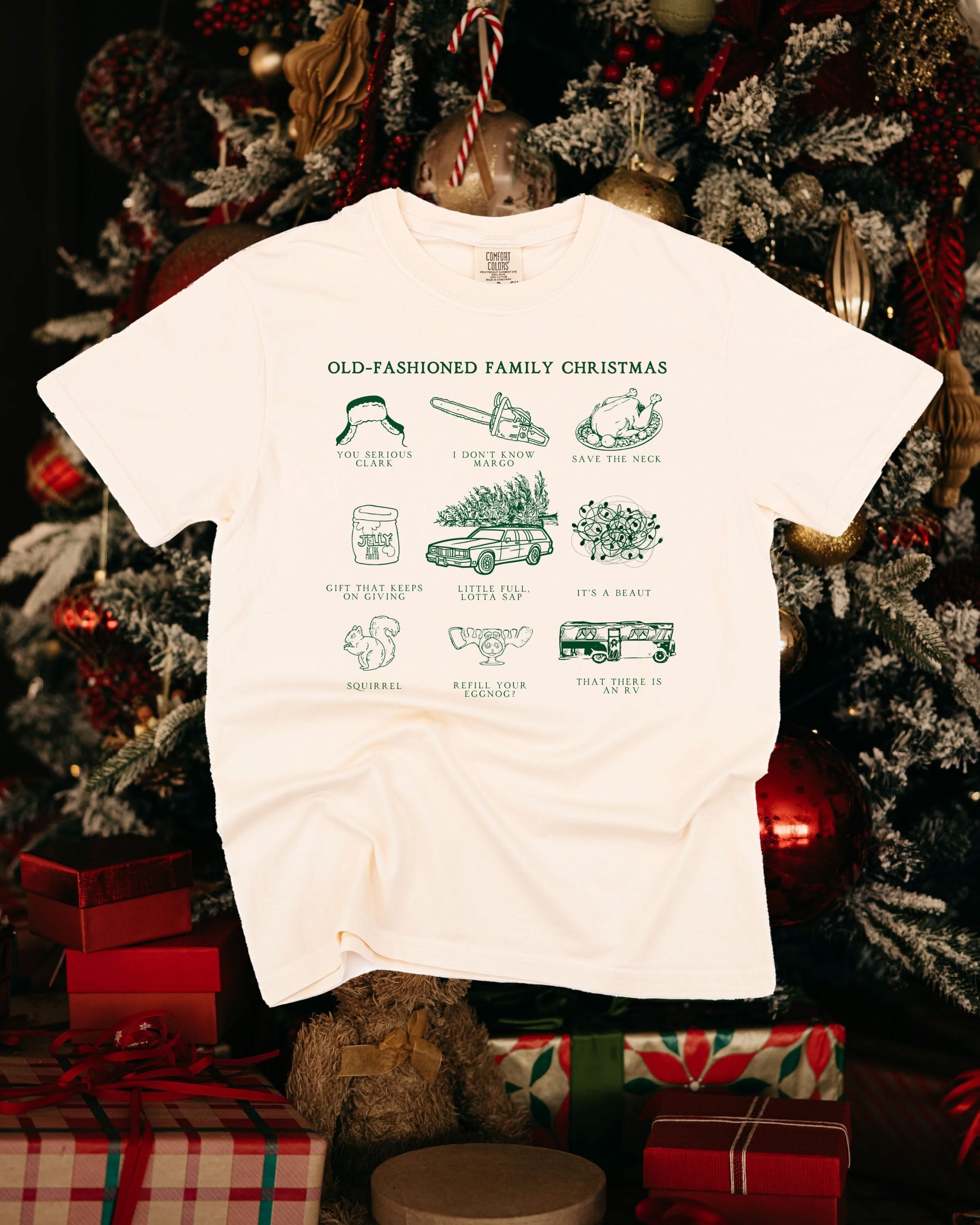 Adult comfort colors tee in ivory with old fashioned family christmas graphic on the front, shown on flat lay – Little Mama Shirt Shop