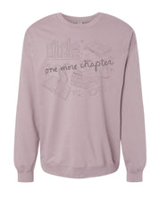 Unisex “One More Chapter” crewneck in paragon with cozy tone on tone book lover illustration, flat lay – Little Mama Shirt Shop