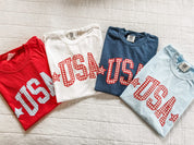 4th of July USA shirts with red and blue gingham print, patriotic graphic tees, trendy red white and blue outfit