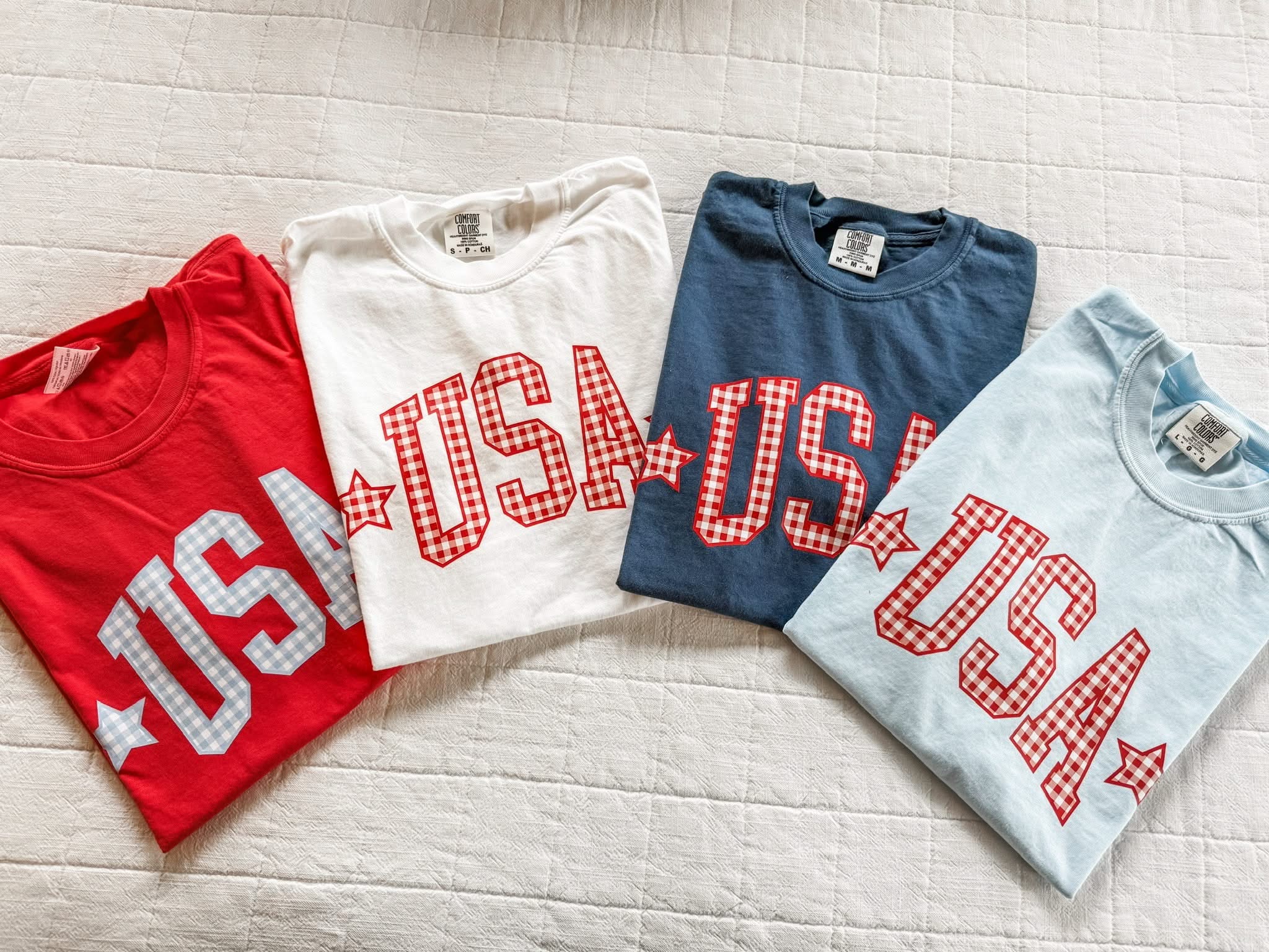 4th of July USA shirts with red and blue gingham print, patriotic graphic tees, trendy red white and blue outfit