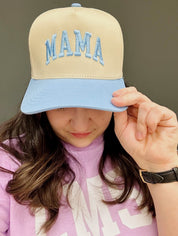 Embroidered Mama Hat | Natural Adjustable Cap with Pink or Blue Bill Little Mama Shirt Shop LLC