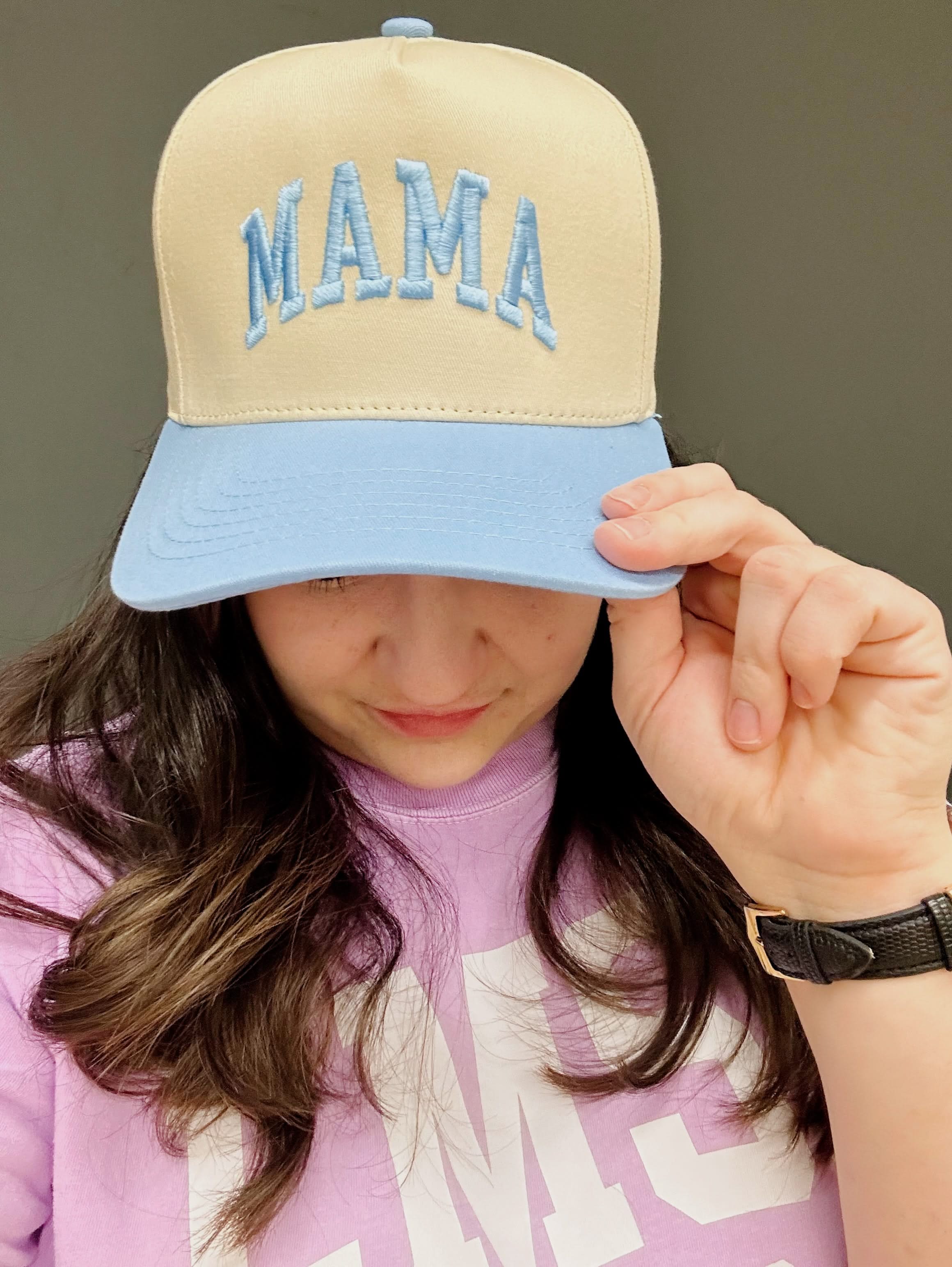 Embroidered Mama Hat | Natural Adjustable Cap with Pink or Blue Bill Little Mama Shirt Shop LLC
