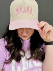 Embroidered Mama Hat | Natural Adjustable Cap with Pink or Blue Bill Little Mama Shirt Shop LLC