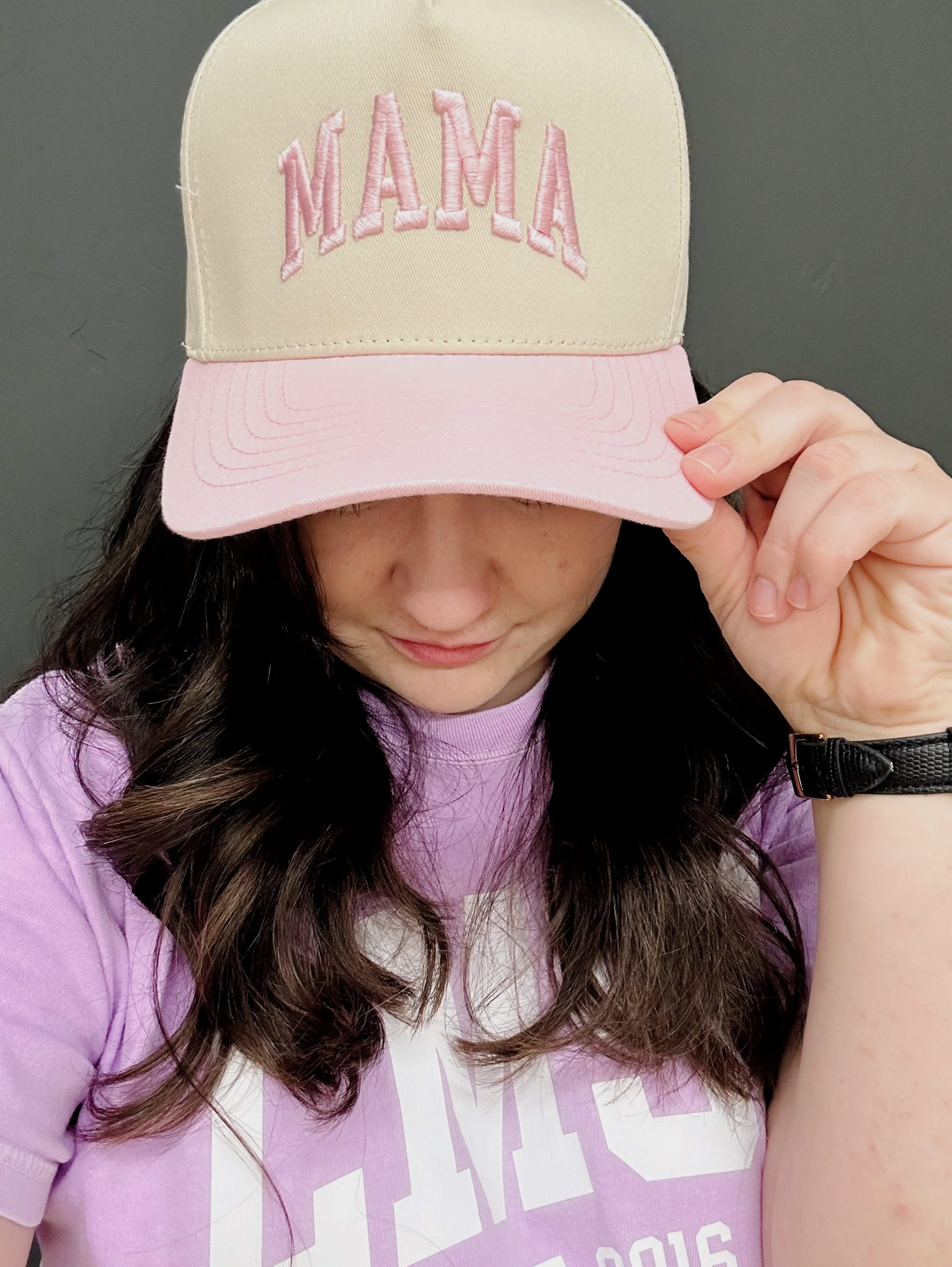 Embroidered Mama Hat | Natural Adjustable Cap with Pink or Blue Bill Little Mama Shirt Shop LLC