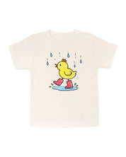 Child tee in natural with little yellow duck with red rain boots in the rain drawing on front, seen on flat lay - Little Mama Shirt Shop