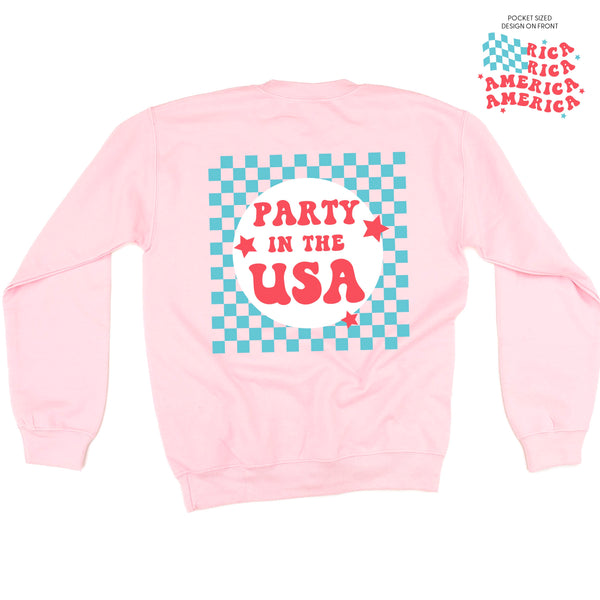 AMERICA - CHECKERS FLAG (POCKET) FRONT + PARTY IN THE USA ON BACK - BASIC FLEECE CREWNECK