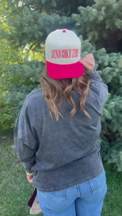 Video of red and cream trucker hat with bold red 'SEND COKE ZERO' text, seen on model - Little Mama Shirt Shop