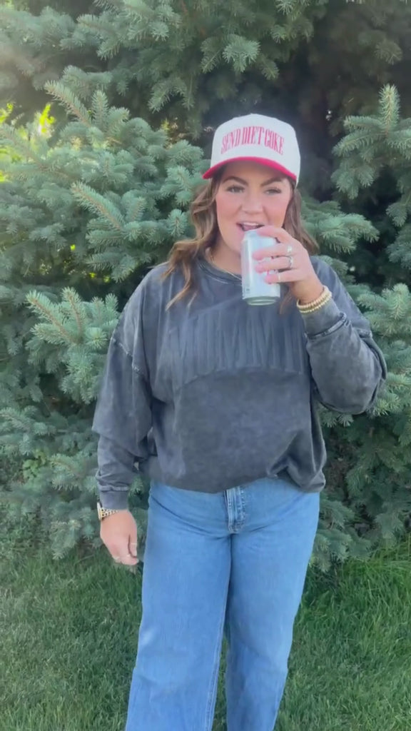 Video of red and cream trucker hat with bold red 'SEND DIET COKE' text, seen on model - Little Mama Shirt Shop