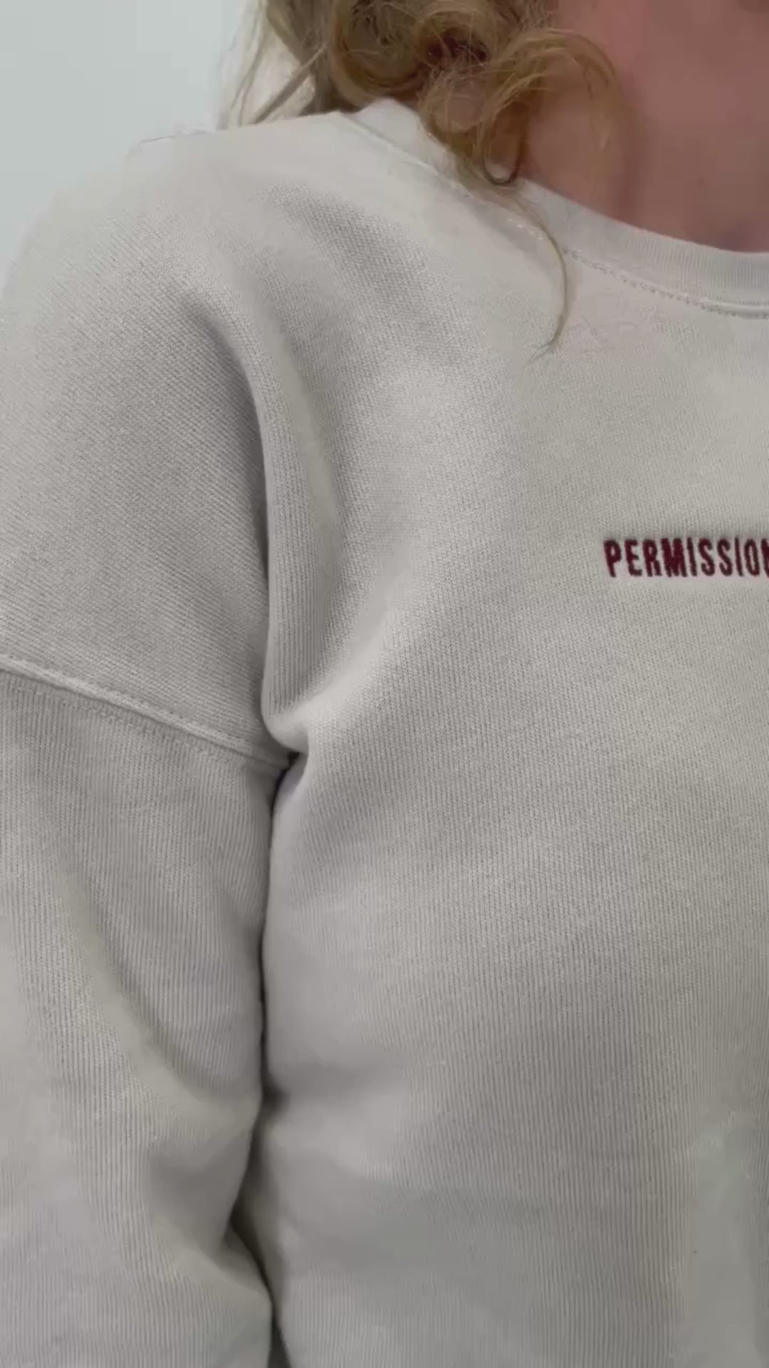 Video of dust and maroon crewnecks with "Permission To Be (choose your word)" options on chest, shown on models - Little Mama Shirt Shop