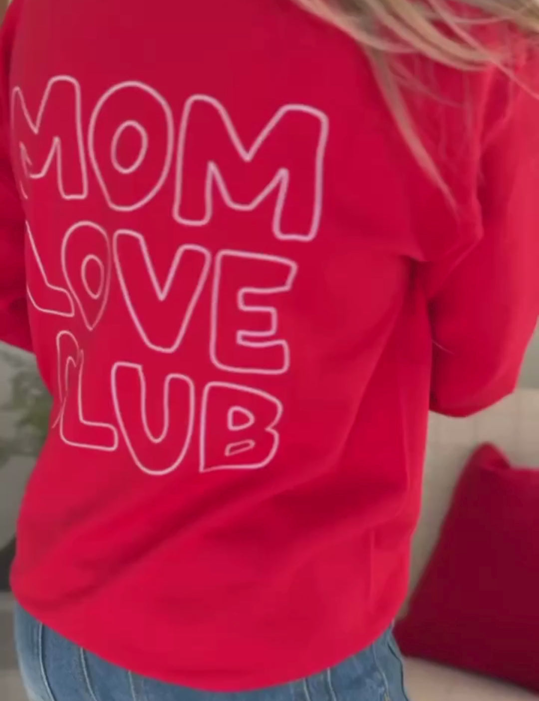 Video of Adult and Child sweater in red with "Little Love Club" and "Mom Love Club" bubble letter text design on back and front left chest small, shown on model – Little Mama Shirt Shop