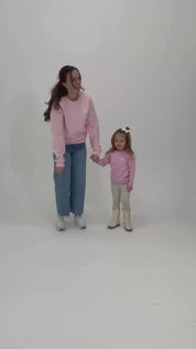 Video of Adult and child sweater in light pink with "girl gang" design on front chest, shown on models - Little Mama Shirt Shop