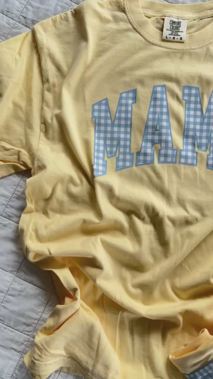 Choose Your Mom Name - Blue Gingham Print - Comfort Colors Tee