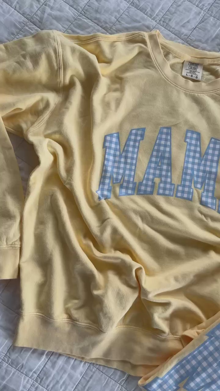 Choose Your Mom Name - Blue Gingham Print - Butter Yellow Comfort Colors Crewneck Sweatshirt