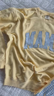 Choose Your Mom Name - Blue Gingham Print - Butter Yellow Comfort Colors Crewneck Sweatshirt