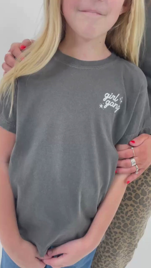 Video of adult and child tees in pepper with "girl gang" design on front chest, shown on models - Little Mama Shirt Shop