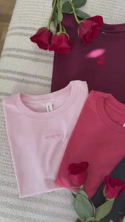 Panning Video of Adult tees in maroon, natural, soft pink, vintage red, and dark gray with mini symbol designs on front, shown on flat lay – Little Mama Shirt Shop