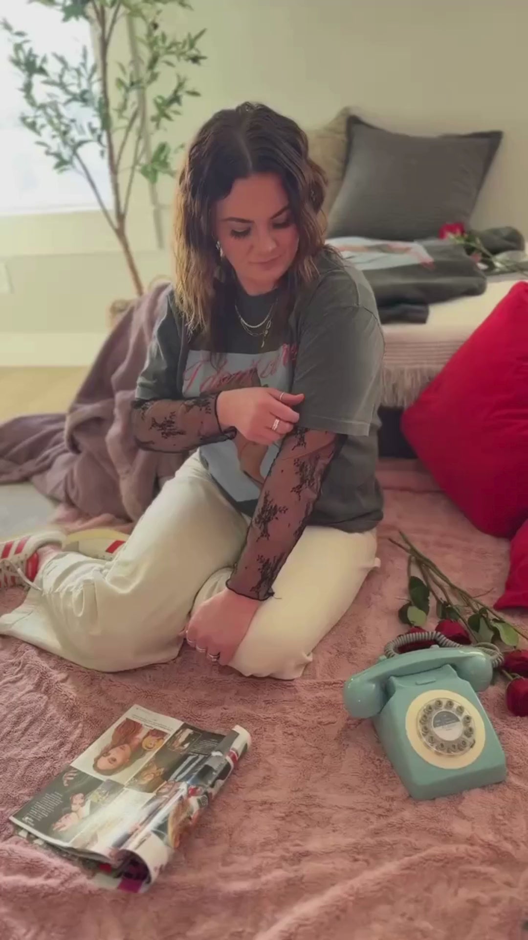 Video of adult tee with "I Don't Care" retro cassette on front and "JK I Actually Do" text on sleeve, shown on model  – Little Mama Shirt Shop