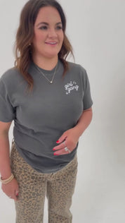 Video of adult tee in pepper with "girl gang" design on front chest, shown on model - Little Mama Shirt Shop