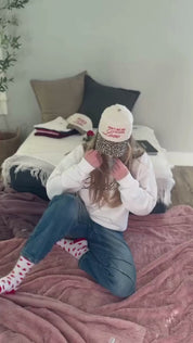 Video of Adult sweater with "Darling" script and lipstick kiss design, shown on model  – Little Mama Shirt Shop